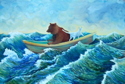 bear and cat in a boat
