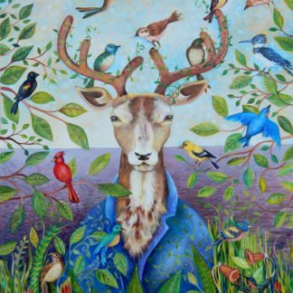 a deer with birds confronts us