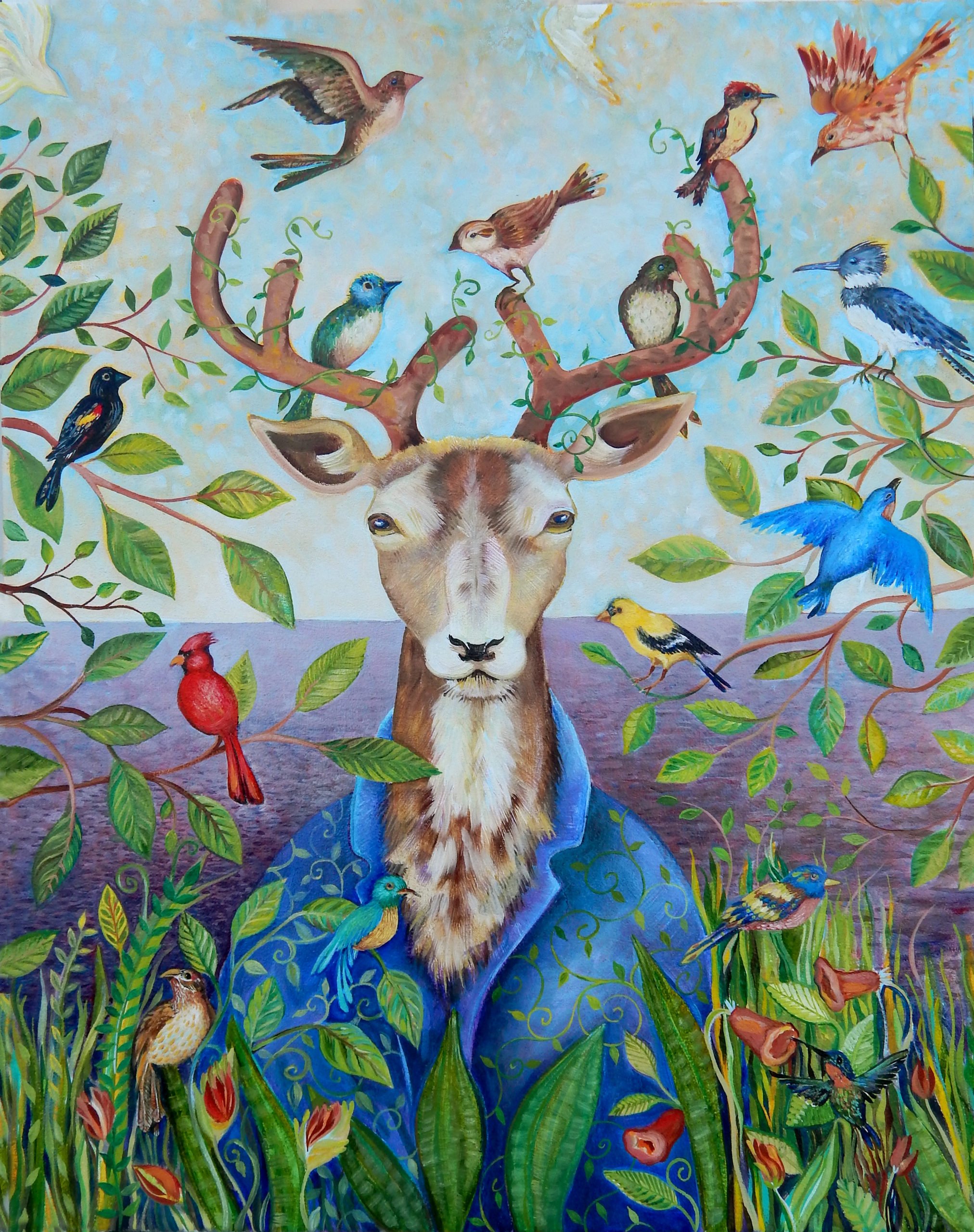 a deer with birds confronts us