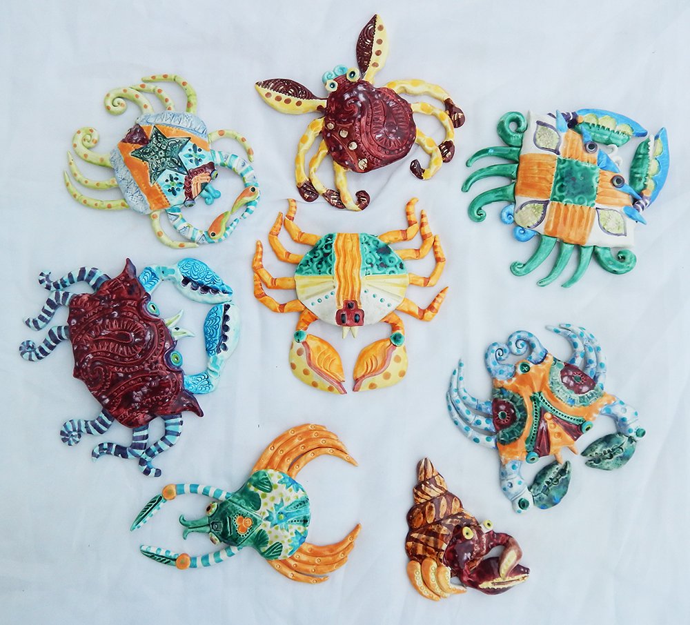 colorful handmade ceramic crabs