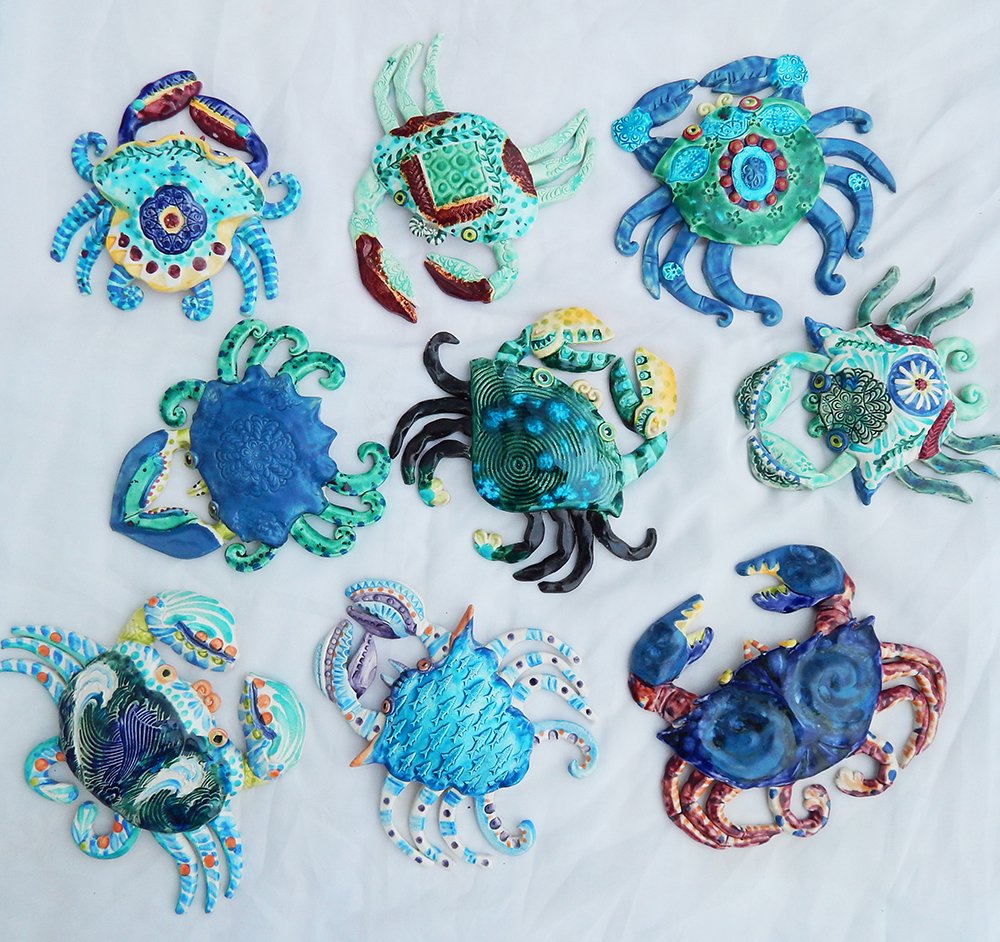 blue and green handmade ceramic crabs